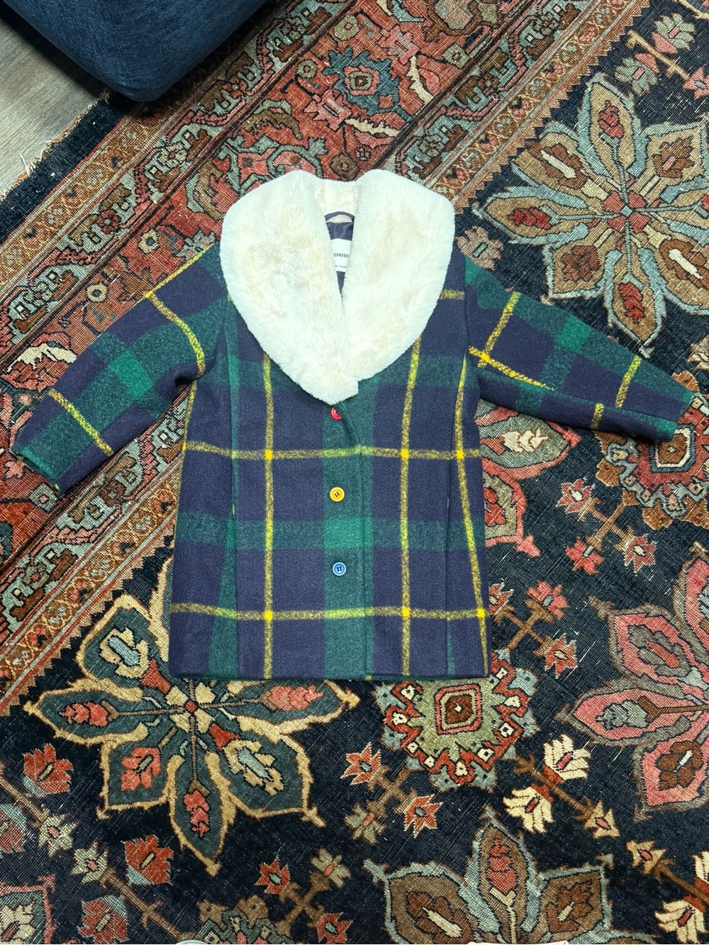 Bobo Choses Navy & Green Plaid Peacoat with Cream Faux Fur Collar 4/5 Years